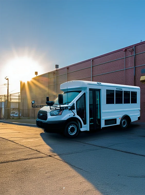 White shuttle bus parked next to a prison near Chino